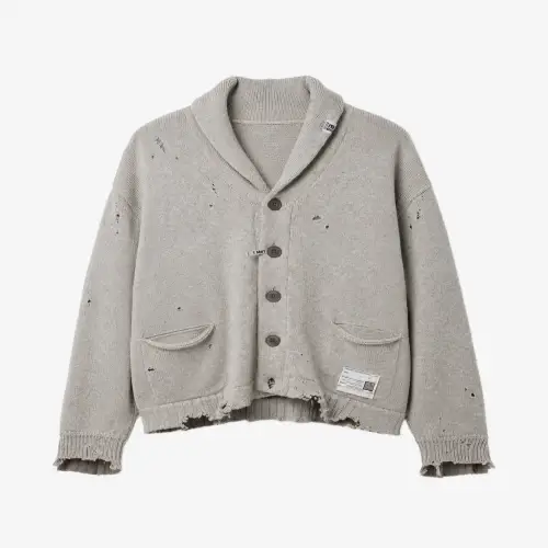Front view of the Maison Mihara Yasuhiro Sweatshirt Combined Knit Cardigan highlighting its hybrid knitwear design.