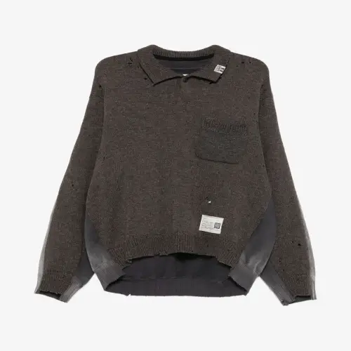 Front view of the Maison Mihara Yasuhiro Sweatshirt Combined Knit Sweater highlighting its mixed knitwear and sweatshirt-inspired design.